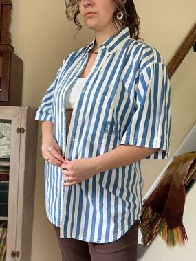 Vintage 90s Bugle Boy Blue White Striped Cotton Button Up Shirt Oversized Large
